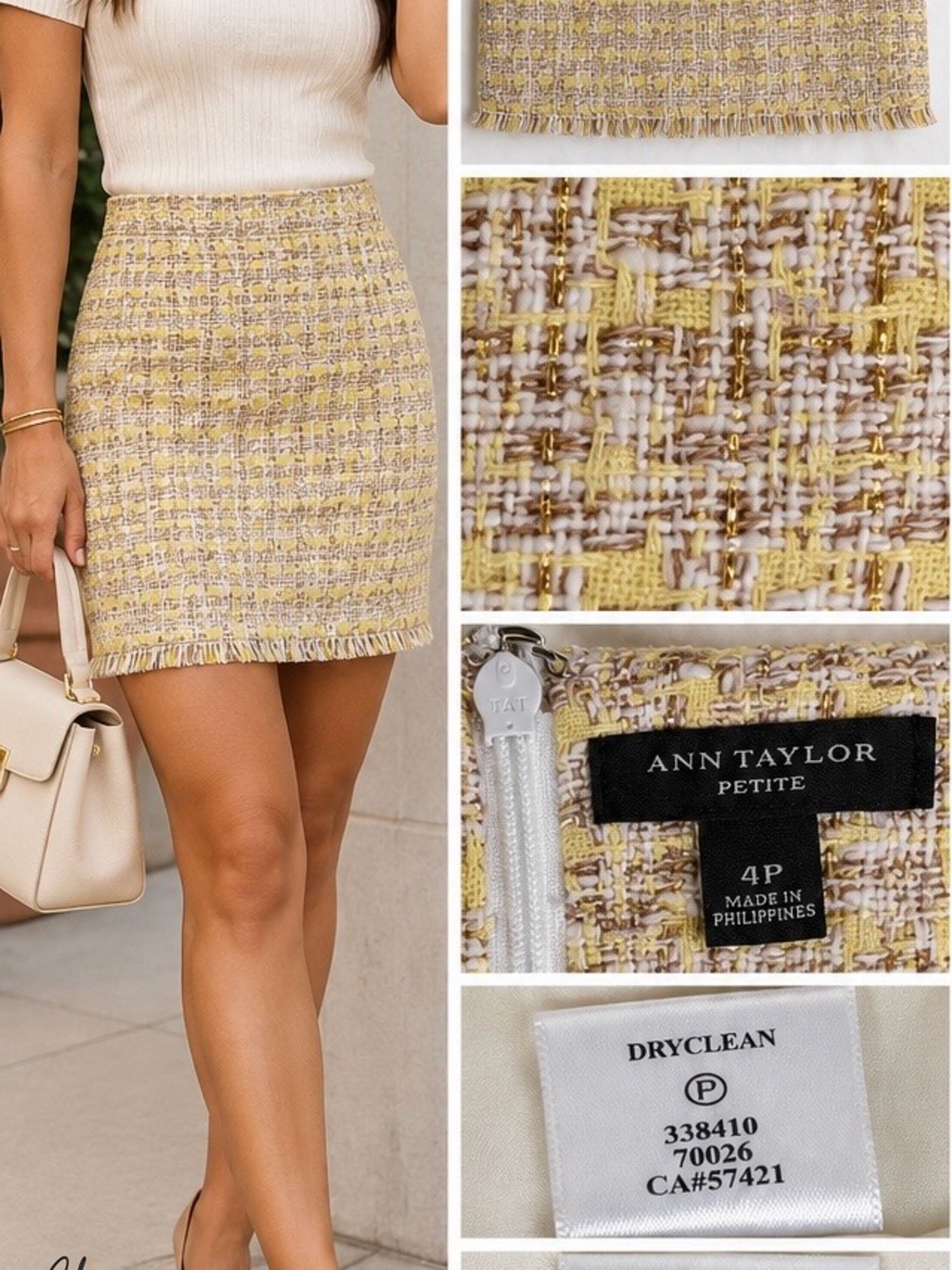 Ann Taylor Petite Yellow Tweed Pencil Skirt 4P Metallic Fringe